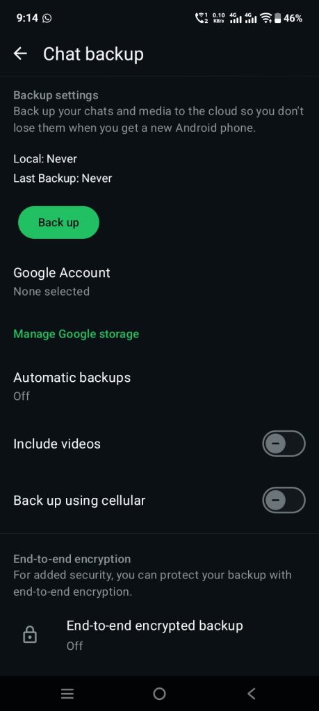 whatsapp end-to-end encrypted backup settings screenshot