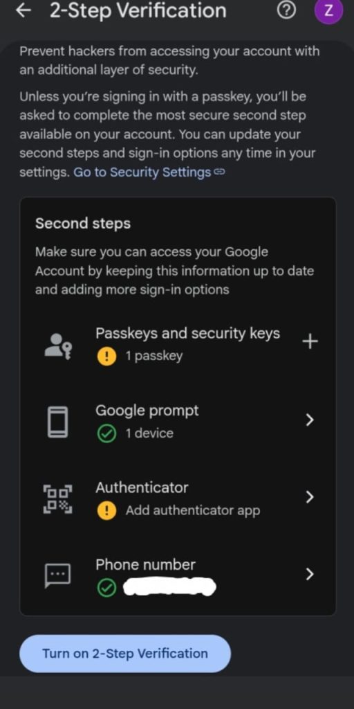 Google account two-step verification settings page