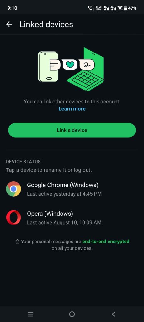 whatsapp linked devices settings screenshot