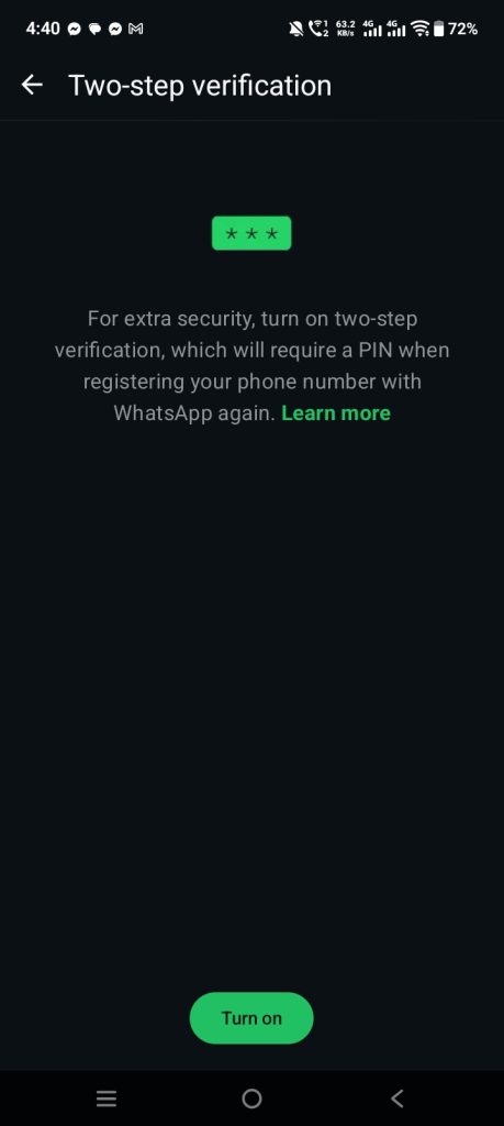 whatsapp two step verification setting screenshot