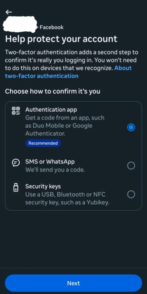Facebook two-factor authentification setup screen