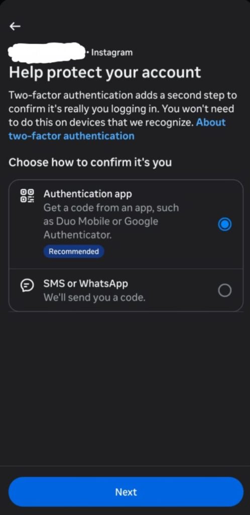 Instagram two-factor authentification options
