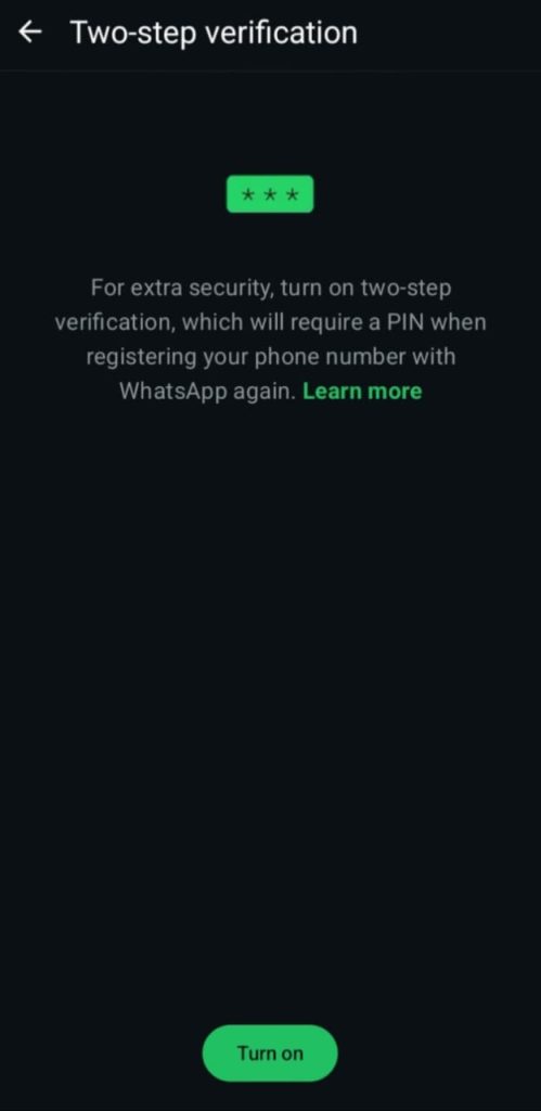 Enable Two-Factor Authentification on whatsapp settings