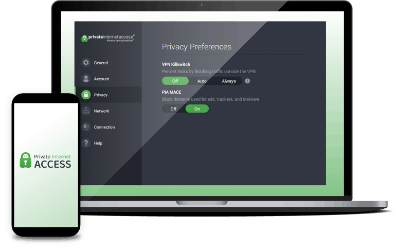 Private Internet Access PIA VPN advanced settings panel showing kill switch and MACE ad blocker