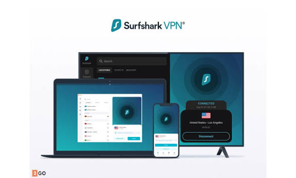 Surfshark VPN interface connected across multiple devices including laptop desktop and mobile