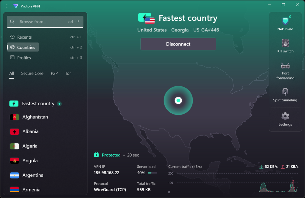 Proton VPN dark mode interface displaying world map UI and safe free tier connection